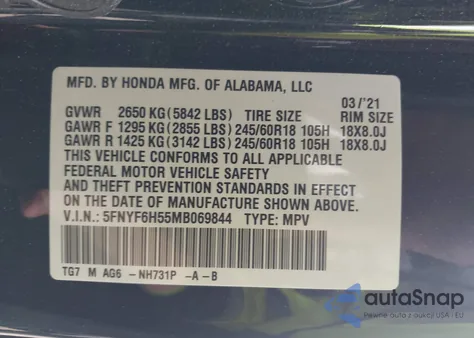 2021 Honda Pilot Awd Ex-L из США, поврежденный, VIN 5FNYF6H55MB069844